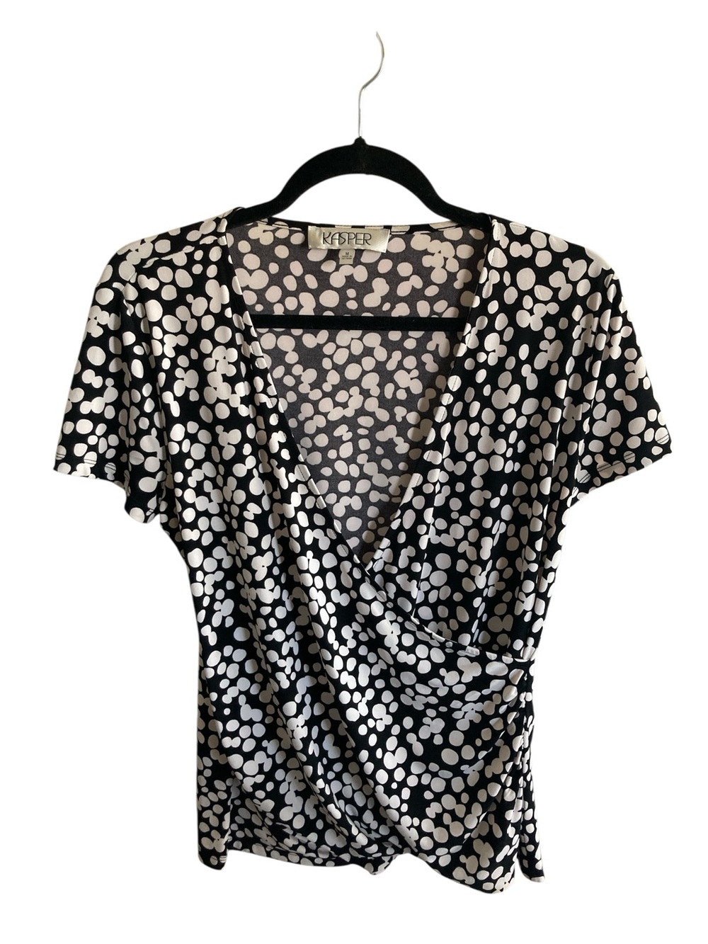 Kasper Black and White Polka Dot Faux-Wrap Short Sleeve Top